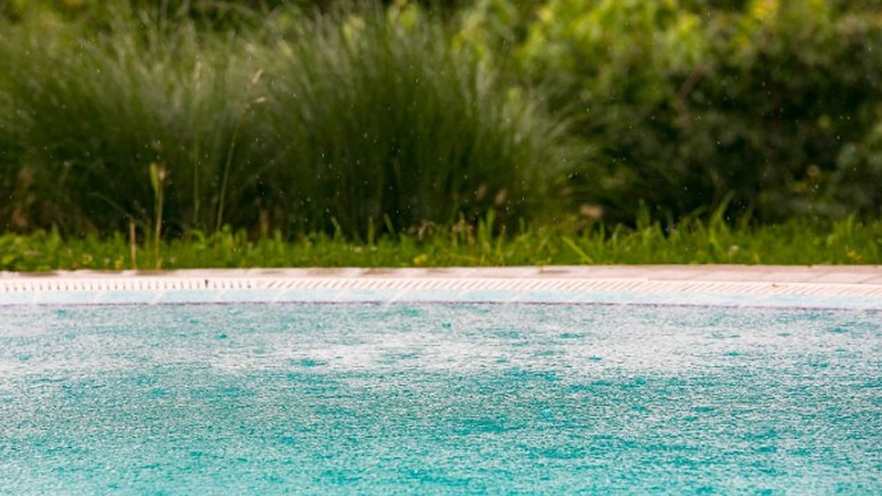 Superficie del agua de una piscina en movimiento junto al jardín