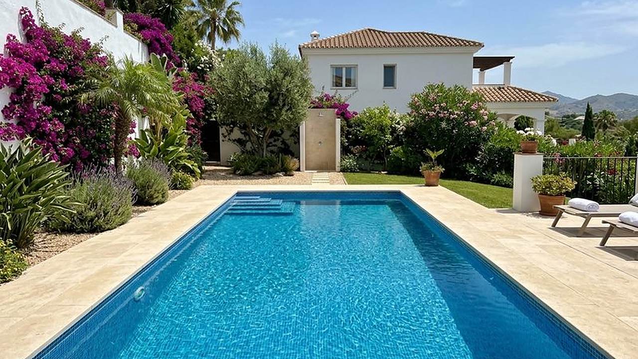 Piscina de obra con gresite azul en una villa de la Costa del Sol con vistas al mar