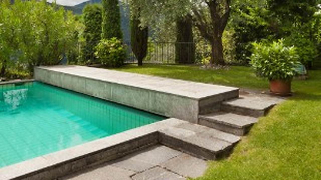 Piscina de jardín con escalera de piedra y olivos en la Costa del Sol