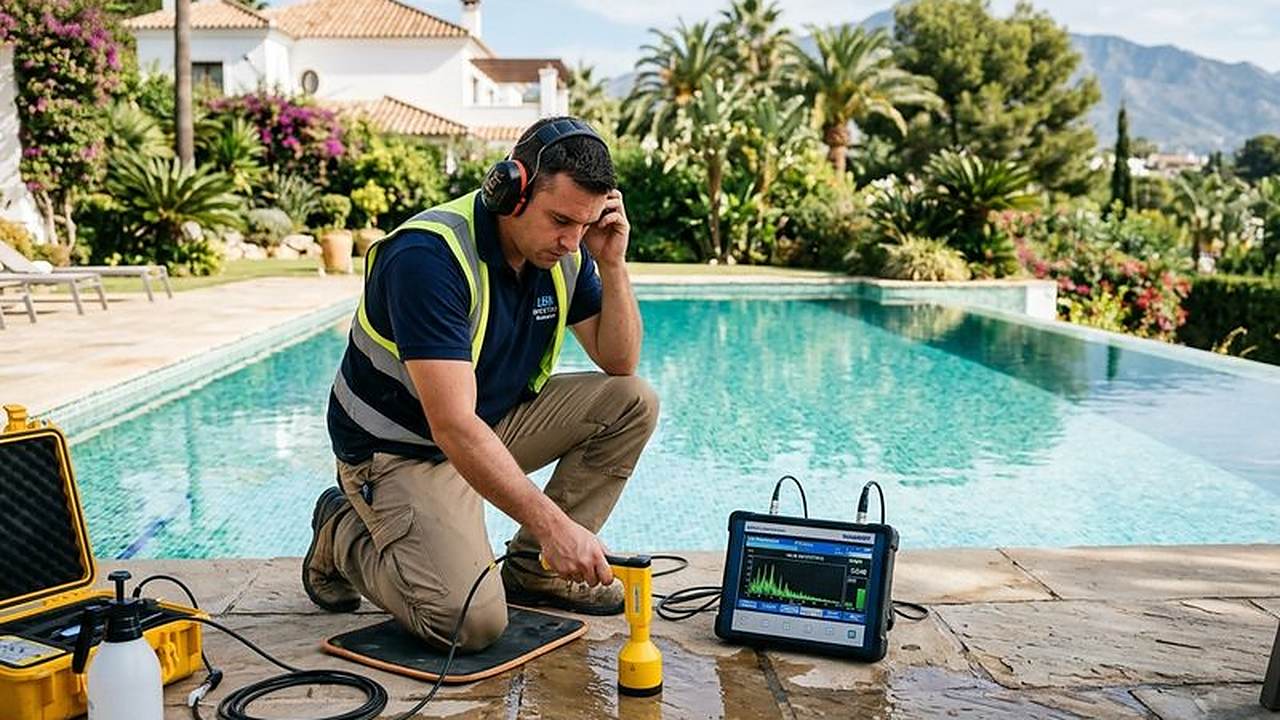 Técnico escuchando con geófono electrónico para localizar una fuga en una piscina