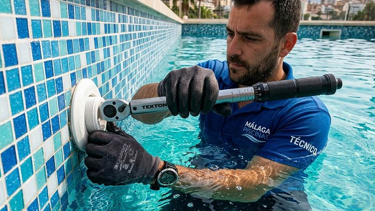 Técnico de Piscinas en Málaga ajustando una boquilla de impulsión dentro del vaso