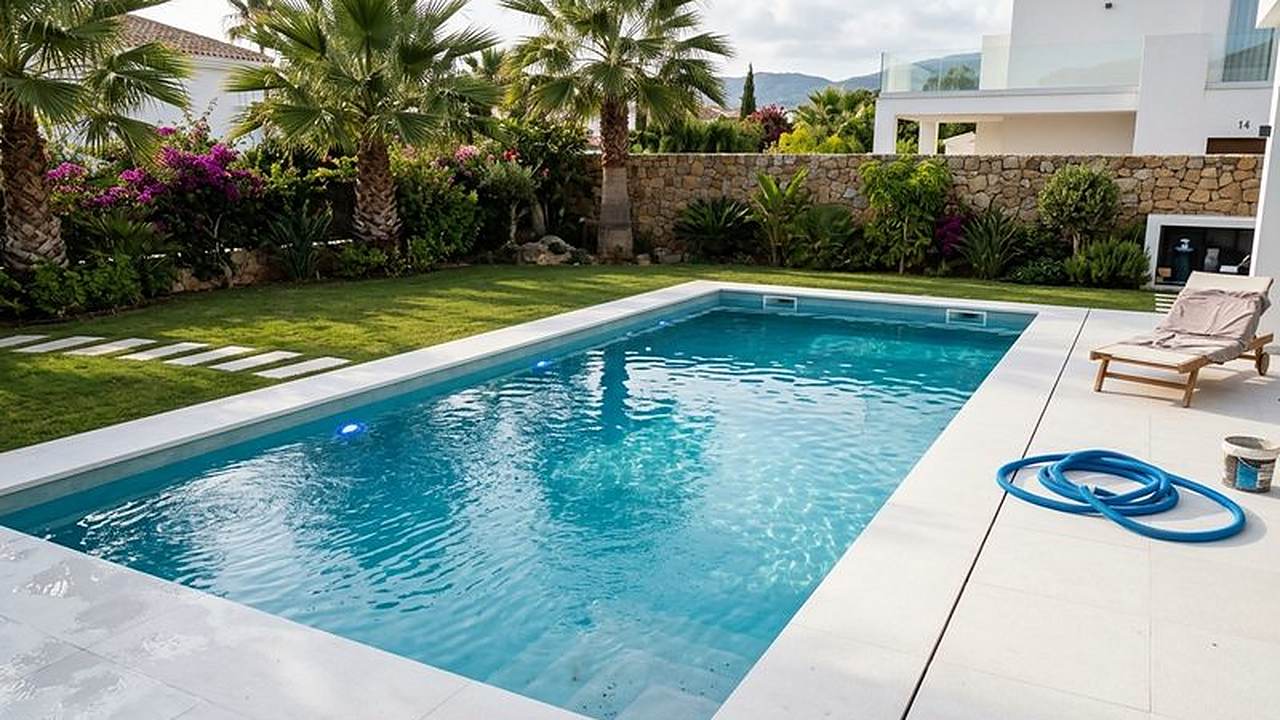 Piscina con acabado de microcemento en un jardín de Fuengirola