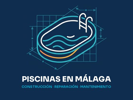 Logotipo de Piscinas en Málaga: piscina en perspectiva con escalera sobre un plano técnico