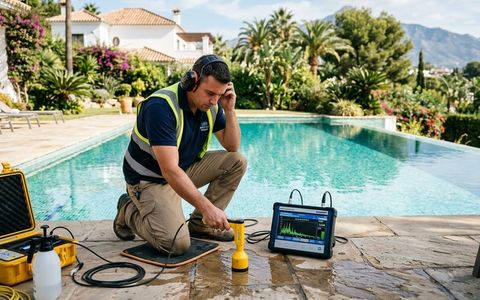 Técnico localizando una fuga en una piscina con geófono
