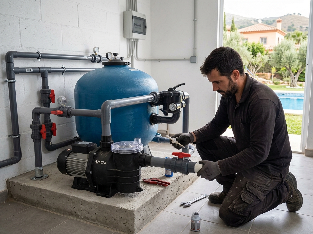Técnico instalando depuradora completa con bomba, filtro de arena y tuberías PVC en cuarto de máquinas de piscina en Marbella, Málaga