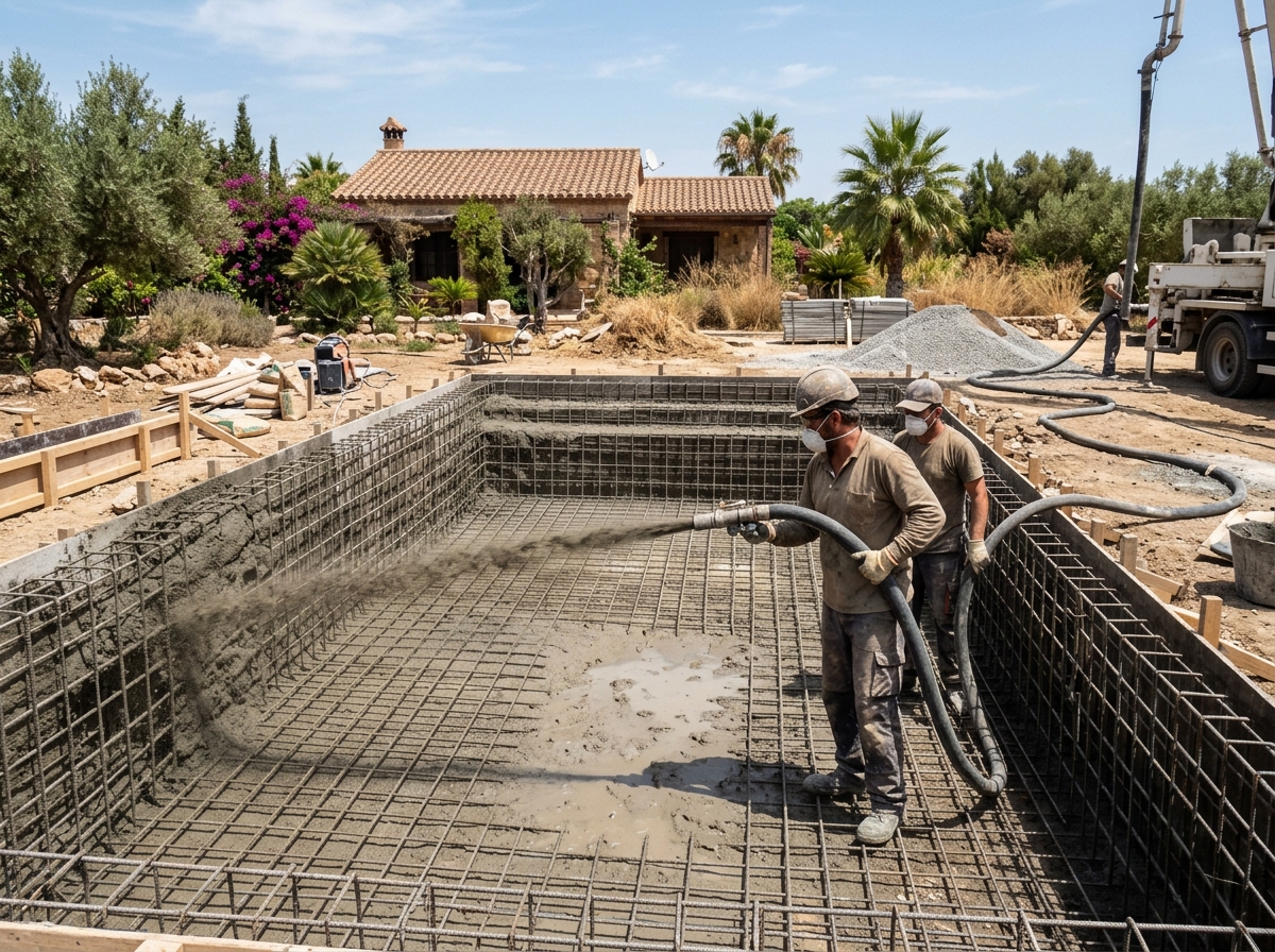 Operarios gunitando el vaso de hormigón de una piscina de obra en Málaga — vista interior del vaso con armadura de acero