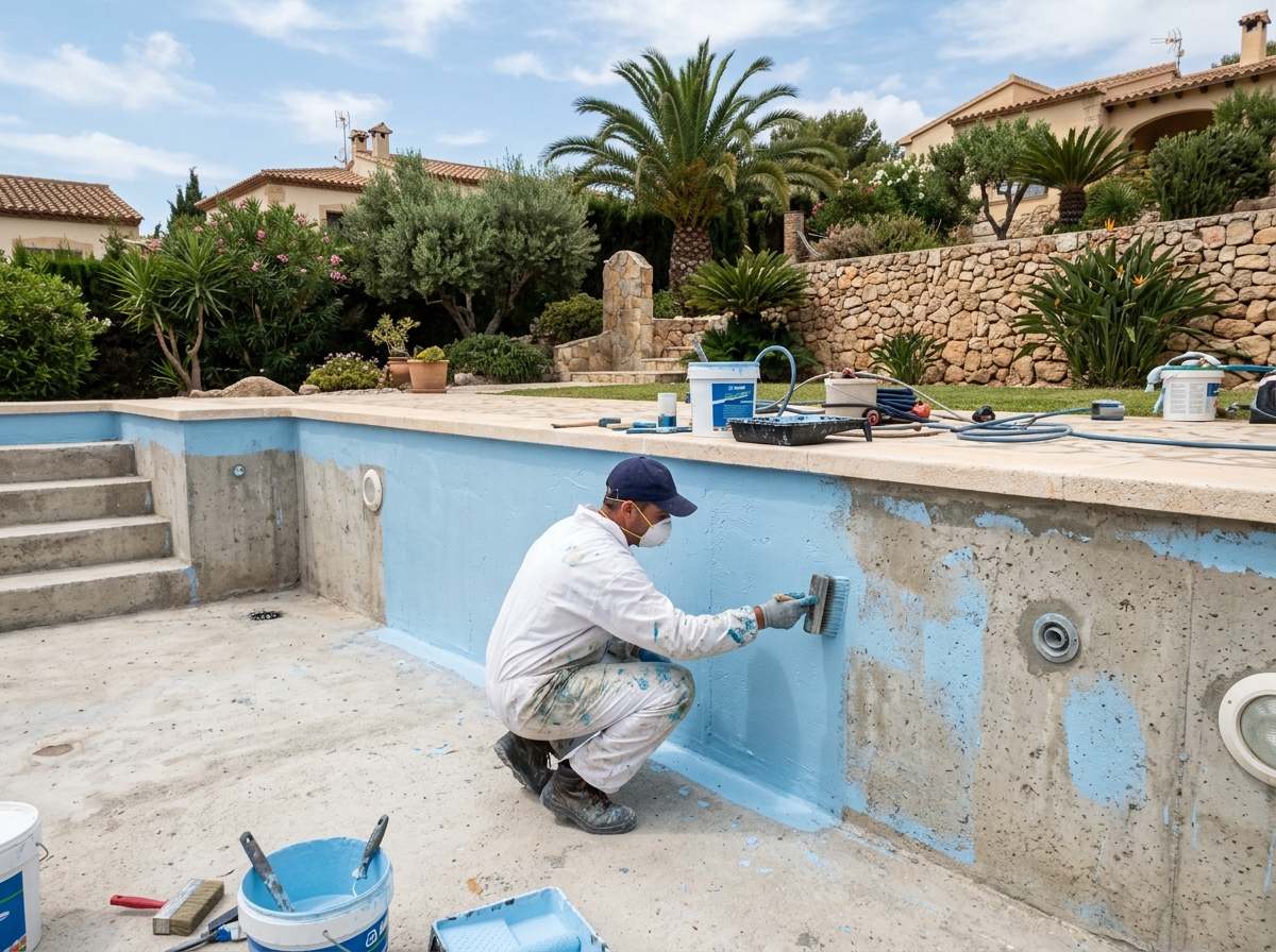 Técnico con mascarilla aplicando impermeabilizante con rodillo en el interior de piscina vaciada con jardín mediterráneo visible en Málaga