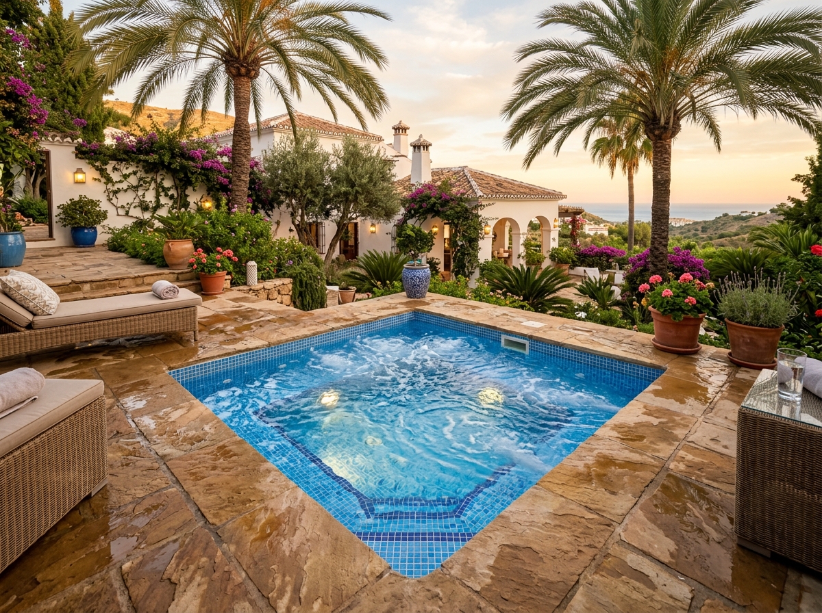 Jacuzzi exterior de obra con gresite azul turquesa, jets activos y luces LED integrado en terraza con jardín mediterráneo y palmeras en Benalmádena, Málaga