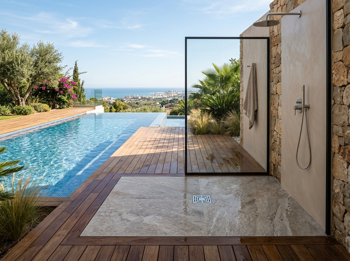 Plato de ducha exterior de obra con porcelánico de gran formato a ras de suelo junto a piscina infinity con vistas al mar en Málaga, Costa del Sol