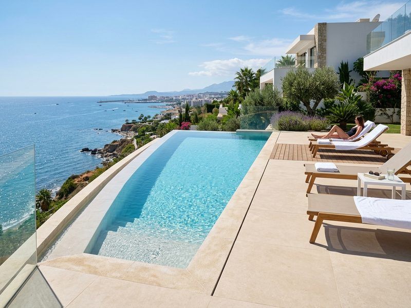 Piscina infinity desbordante en ladera frente al mar en Estepona