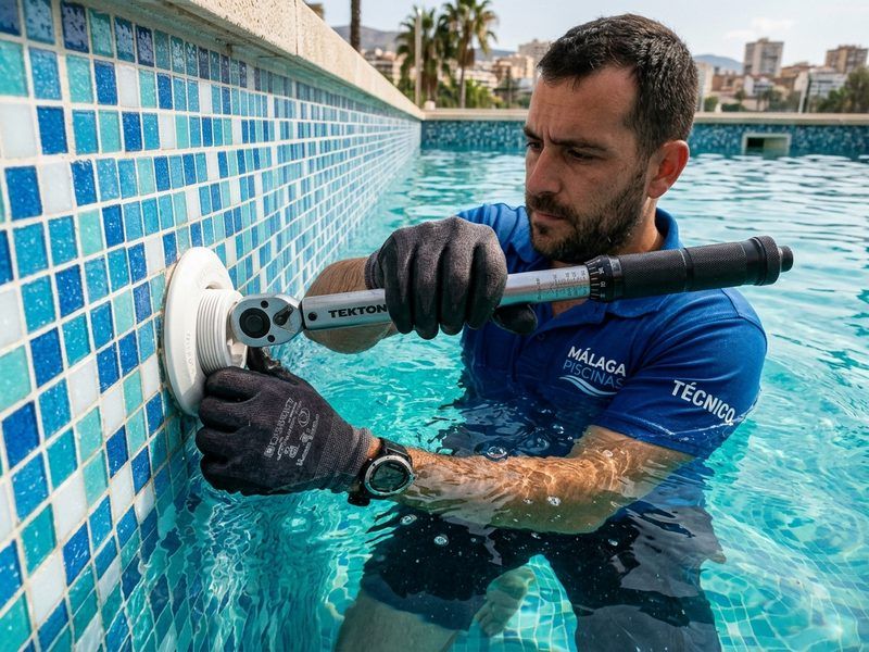 Técnico sustituyendo y sellando boquilla de impulsión en piscina de Málaga