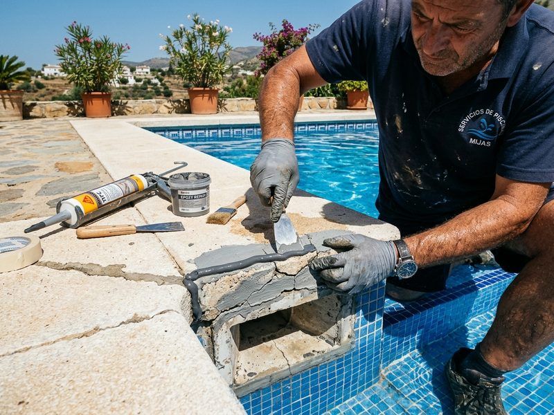 Saneado y sellado de fuga en junta de skimmer de piscina en Mijas Costa