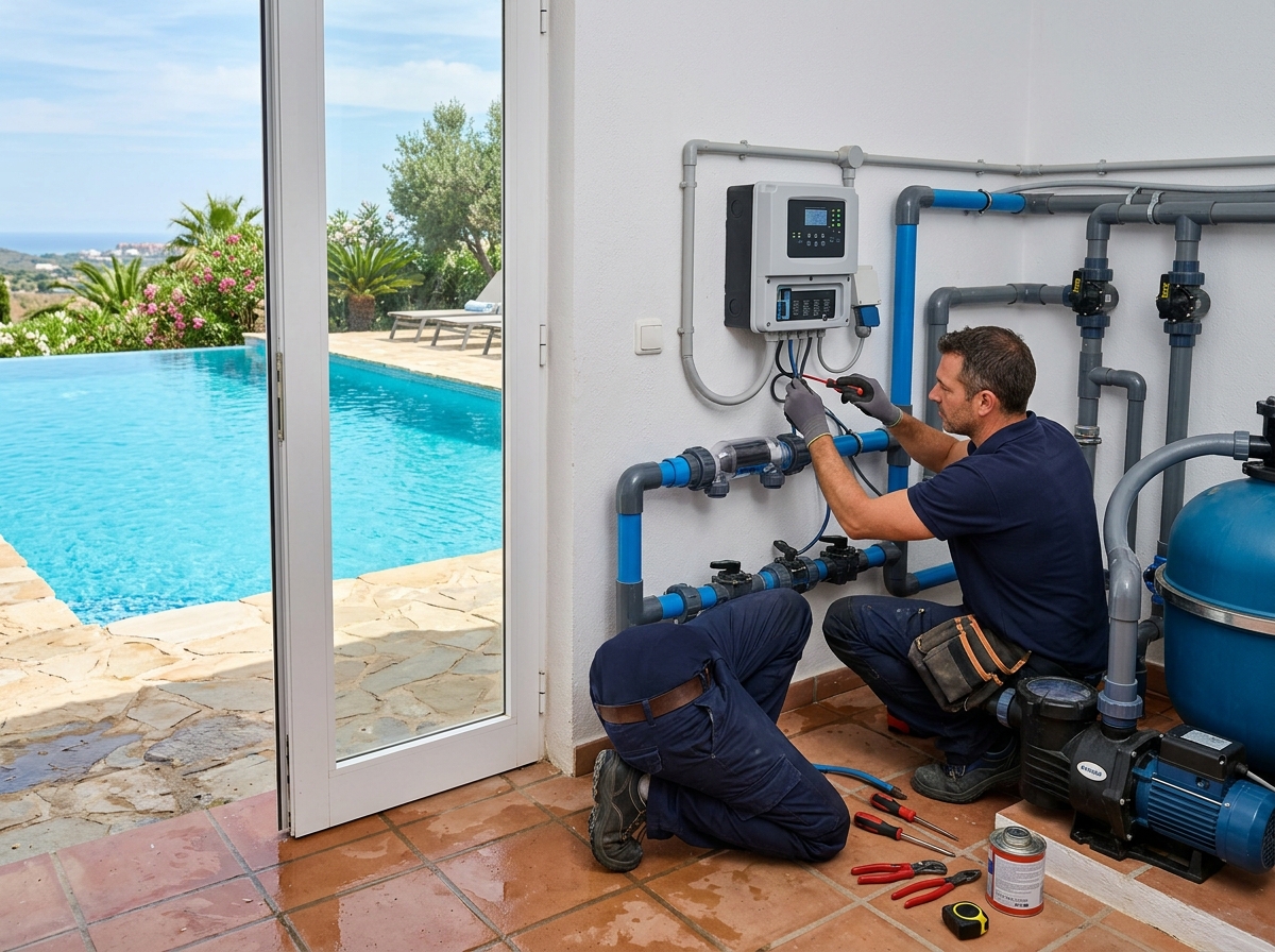 Dos técnicos instalando sistema de cloración salina con cuadro de control electrónico en piscina de Estepona
