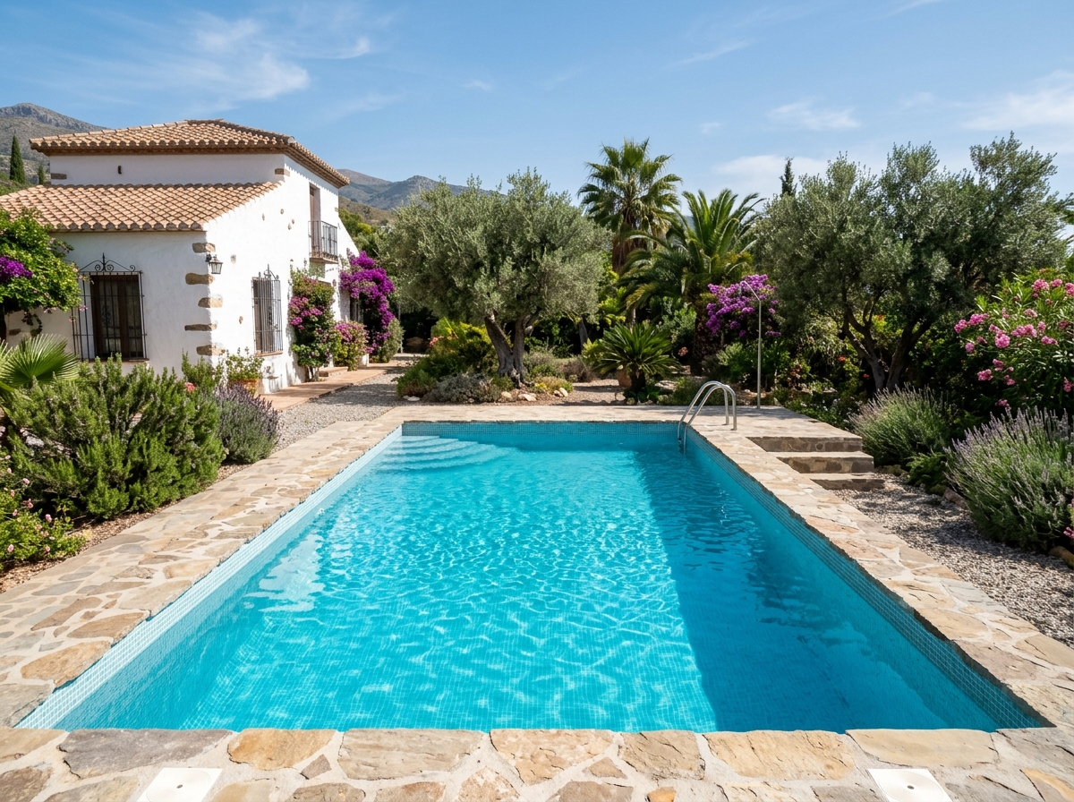 Piscina de obra terminada con gresite azul y coronación de piedra natural en villa de Marbella