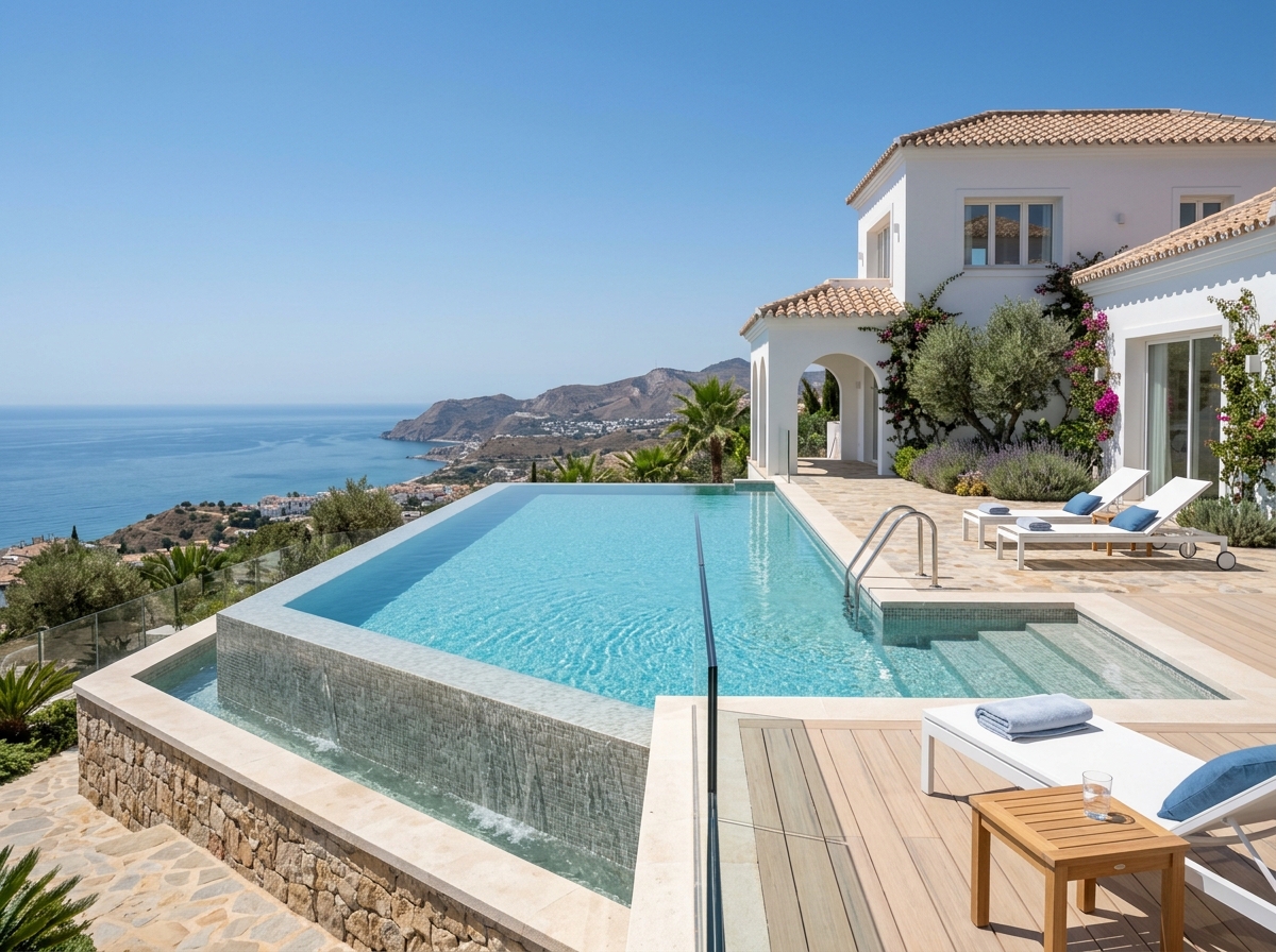 Piscina infinity desbordante con vistas al mar en villa de lujo en Mijas, Costa del Sol