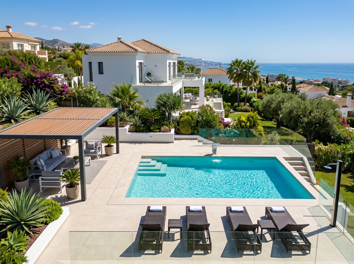 Piscina de obra terminada con terraza de porcelánico, pérgola y tumbonas en villa moderna con vistas al mar en Fuengirola
